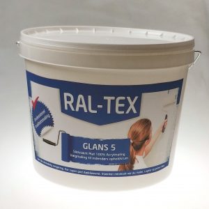 RAL-TEX vægmaling glans 5. Til vægge og lofter i værelser, stue og opholdsrum indendørs.