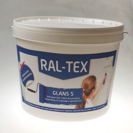 RAL-TEX vægmaling glans 5. Til vægge og lofter i værelser, stue og opholdsrum indendørs.