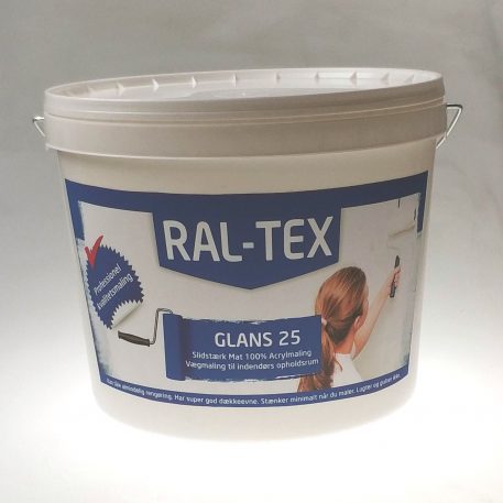 RAL-TEX vægmaling glans 25. Alle farver, 2,5L, 5L og 10L. Til badeværelse, køkken og vaskrum